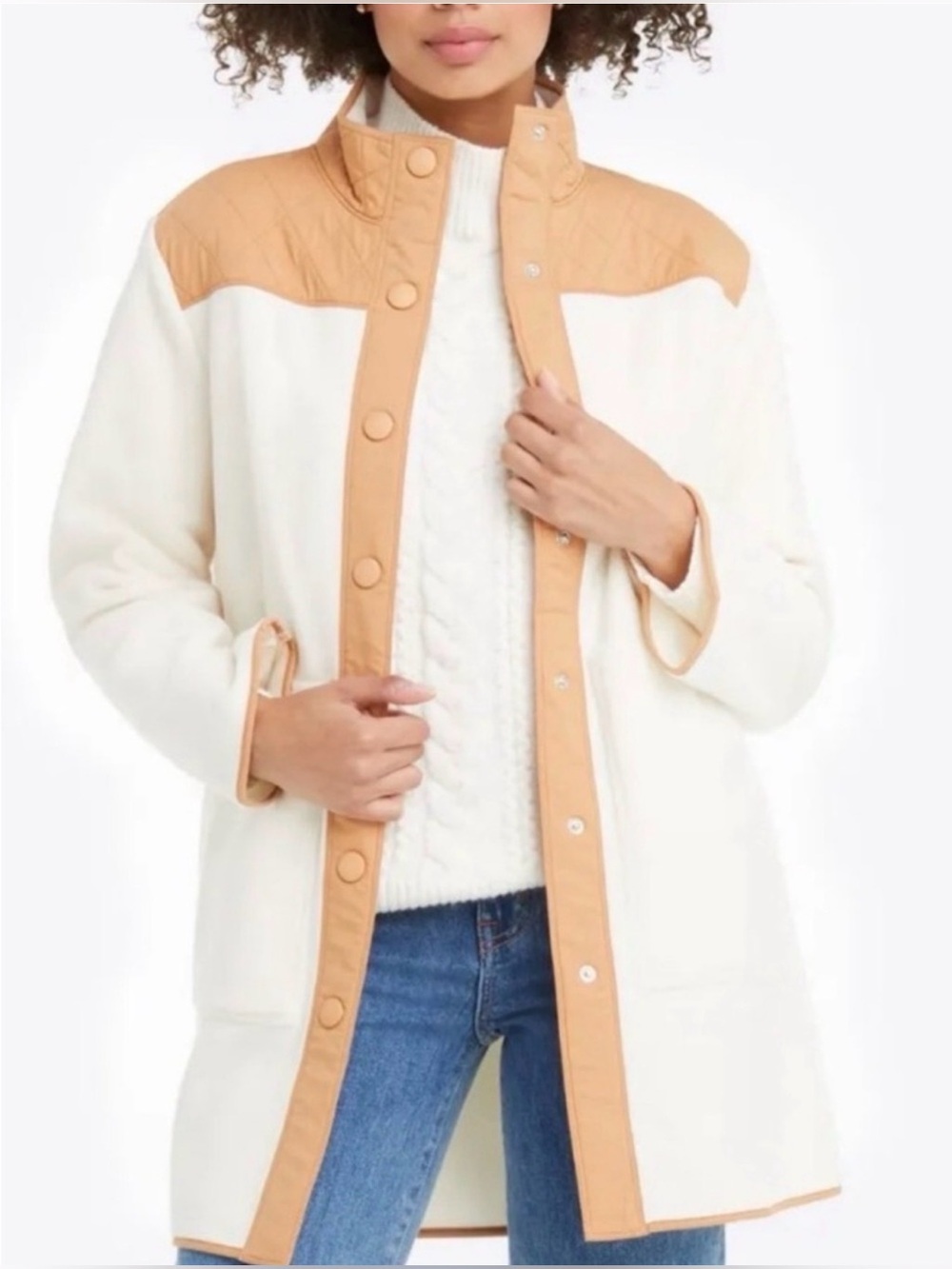 Draper James Cream Fleece Jacket with Tan Quilted Yoke
